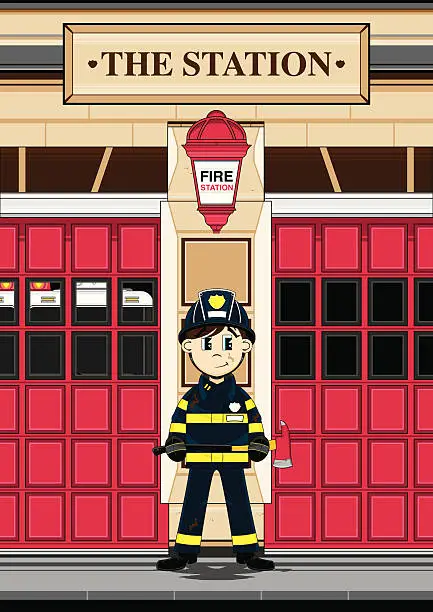 Vector illustration of Cute Fireman at Fire Station