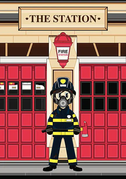 Vector illustration of Fireman in Respirator at Fire Station