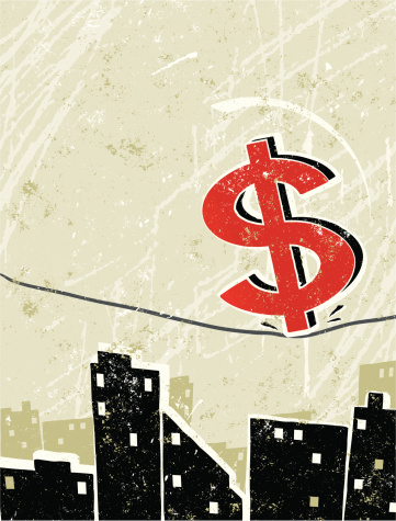Dollar Instability! A stylized vector cartoon of a Dollar Symbol  balancing on a tightrope, the style is  reminiscent of an old screen print poster, suggesting balance, security, pressure,financial instability,danger, or skill. Dollar, Umbrella, paper texture and background are on different layers for easy editing. Please note: clipping paths have been used,  an eps version is included without the path.