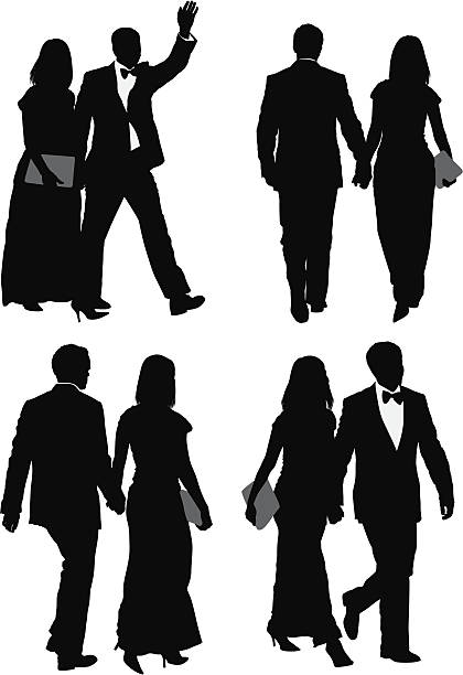 ilustraciones, imágenes clip art, dibujos animados e iconos de stock de pareja caminando juntos - men inside of suit silhouette