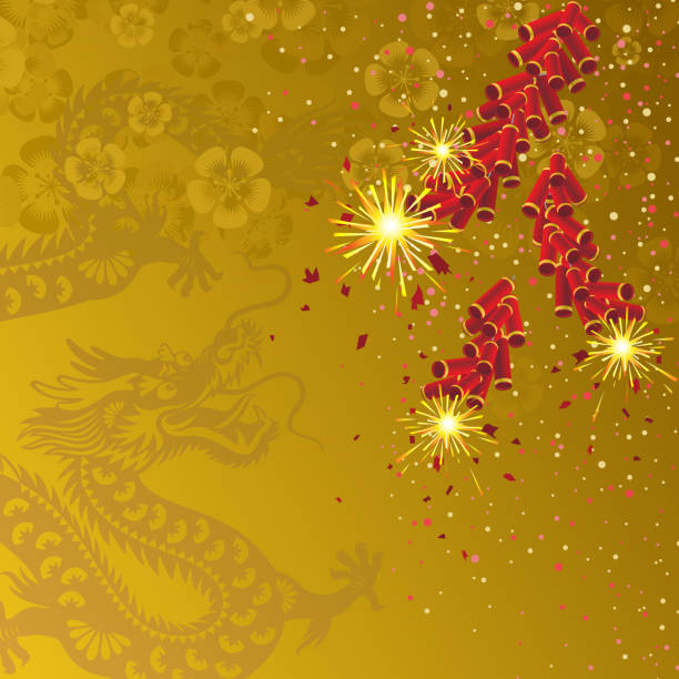 chinesischer drache und feuerwerkskörper heizen hintergrund - religious celebration flash stock-grafiken, -clipart, -cartoons und -symbole