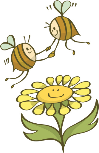 Happy bees in love holding hands and flying over a smiling cartoon flower.