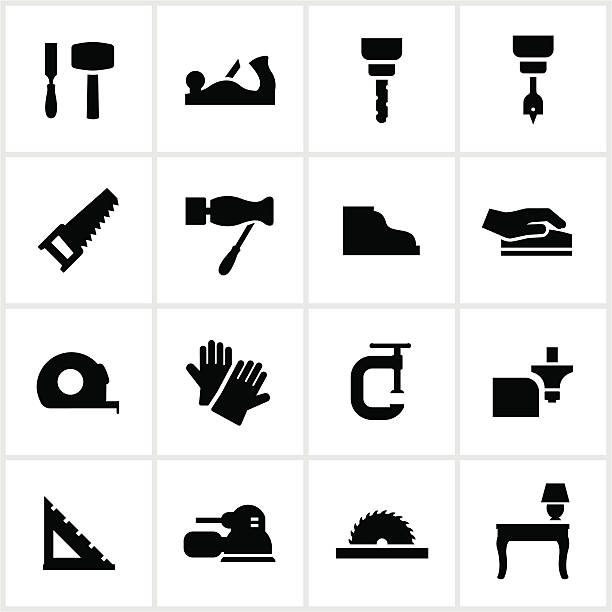 ilustraciones, imágenes clip art, dibujos animados e iconos de stock de iconos de carpintería - work tool chisel wood mallet