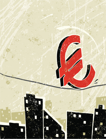 Euro Instability! A stylized vector cartoon of a Euro Symbol  balancing on a tightrope, the style is  reminiscent of an old screen print poster, suggesting balance, security, pressure,financial instability,danger, or skill. Euro, paper texture and background are on different layers for easy editing. Please note: clipping paths have been used,  an eps version is included without the path.