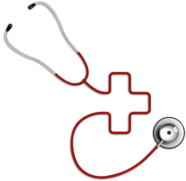 Vector illustration of cross shaped stethoscope in red color, medical symbol