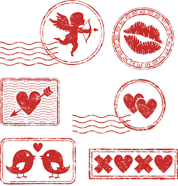 st. valentine's day-briefmarken - love valentines day heart shape kissing stock-grafiken, -clipart, -cartoons und -symbole