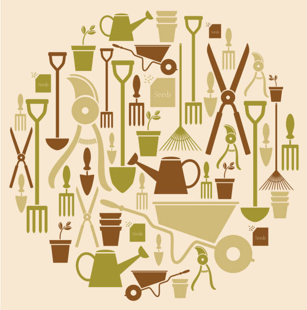 ilustraciones, imágenes clip art, dibujos animados e iconos de stock de conjunto de iconos de jardinería - gardening equipment trowel gardening fork isolated