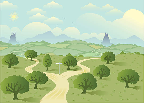 Fork in the road two. "A road forks and the two roads can be seen heading off in the distance to two cities. A great concept for choice and decision making. The image is on 8 layers to aid editing, so, for instance, the cities are on their own layers so can easily be removed if required, the signpost likewise." forked road illustrations stock illustrations