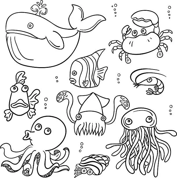 Vector illustration of Cartoon sea animal in black and white