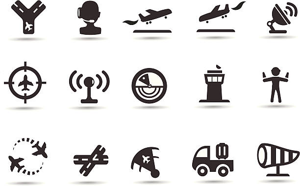 illustrazioni stock, clip art, cartoni animati e icone di tendenza di icone di controllo del traffico aereo - air traffic control tower