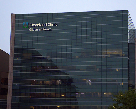 Cleveland, Ohio, USA  August 26, 2023: Exterior view of the Glickman Tower located on the campus of the Cleveland Medical Clinic.