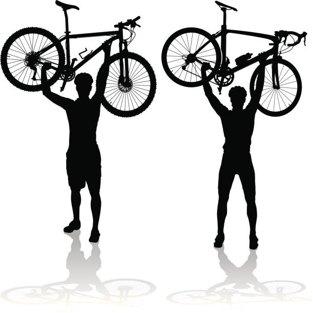 Silhouettes of mountain and road bike cyclists winning the race vector art illustration