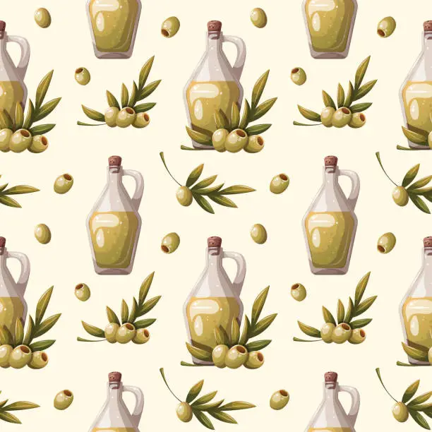 Vector illustration of Seamless pattern with Glass bottle with olive oil.