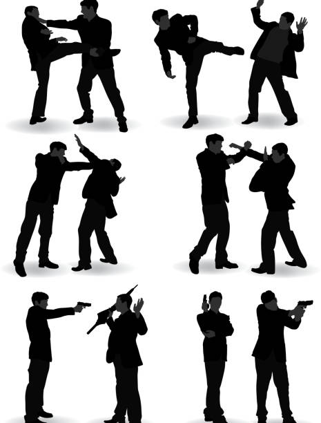 illustrazioni stock, clip art, cartoni animati e icone di tendenza di combattimento silhouette uomo - conflict boxing fighting business