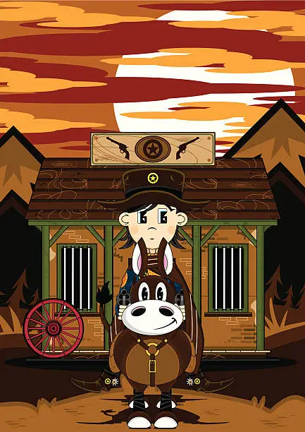 Vector illustration of Cowboy Sheriff & Horse Jailhouse Scene