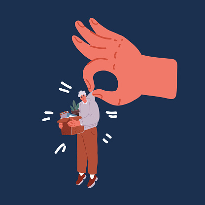 Vector cartoon illustration of Dismissal employee. Fired sad male office worker carrying box, Unemployment and Jobless concept