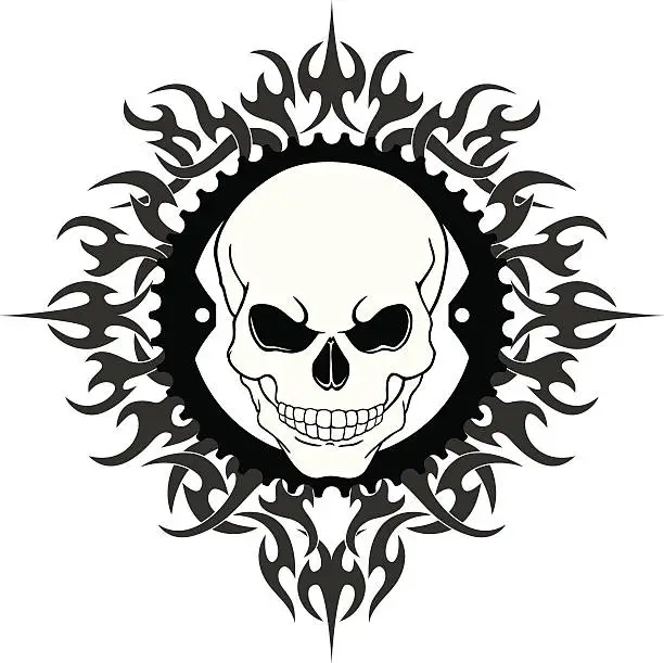 Vector illustration of Skull In A Bike Chain Ring With Tribal Flame Background