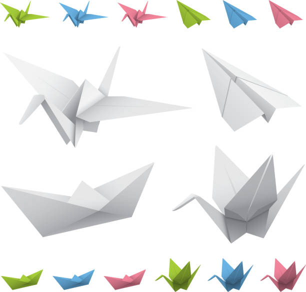 Arrangement of drawings of origami cranes, planes, and boats Vector illustration of popular origami folds. Transparency blend used for colors, and also in the plane. Everything else is just simple linear gradients. Very easy to change the color. Download includes:  origami cranes stock illustrations