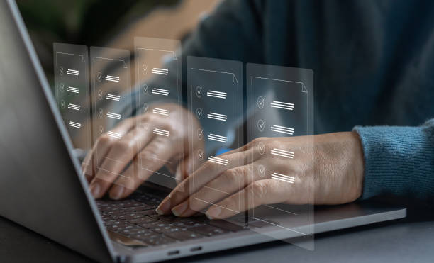 istock Human with checking mark on checklist, checklist survey, check mark, yes, questionnaire,  filling digital, list, assessment, exam, vote, answer, to do list, planning, business and verification concept 1659021508