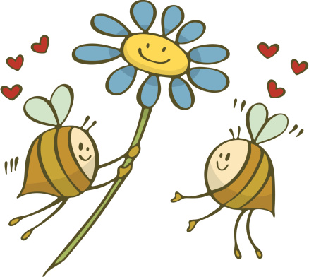 Happy bees in love.  One gives the other a valentine flower.  Heart.