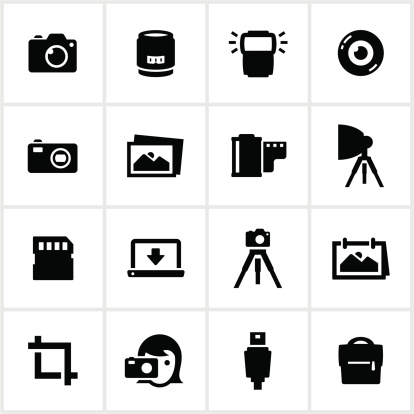 Photography icons. All white strokes/shapes are cut from the icons and merged allowing the background to show through.