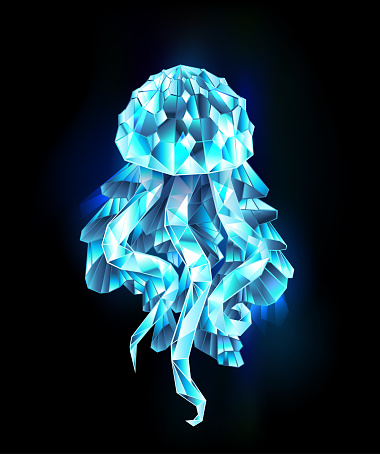 Polygonal, jellyfish made of sparkling blue ice on black background. Polygonal jellyfish.