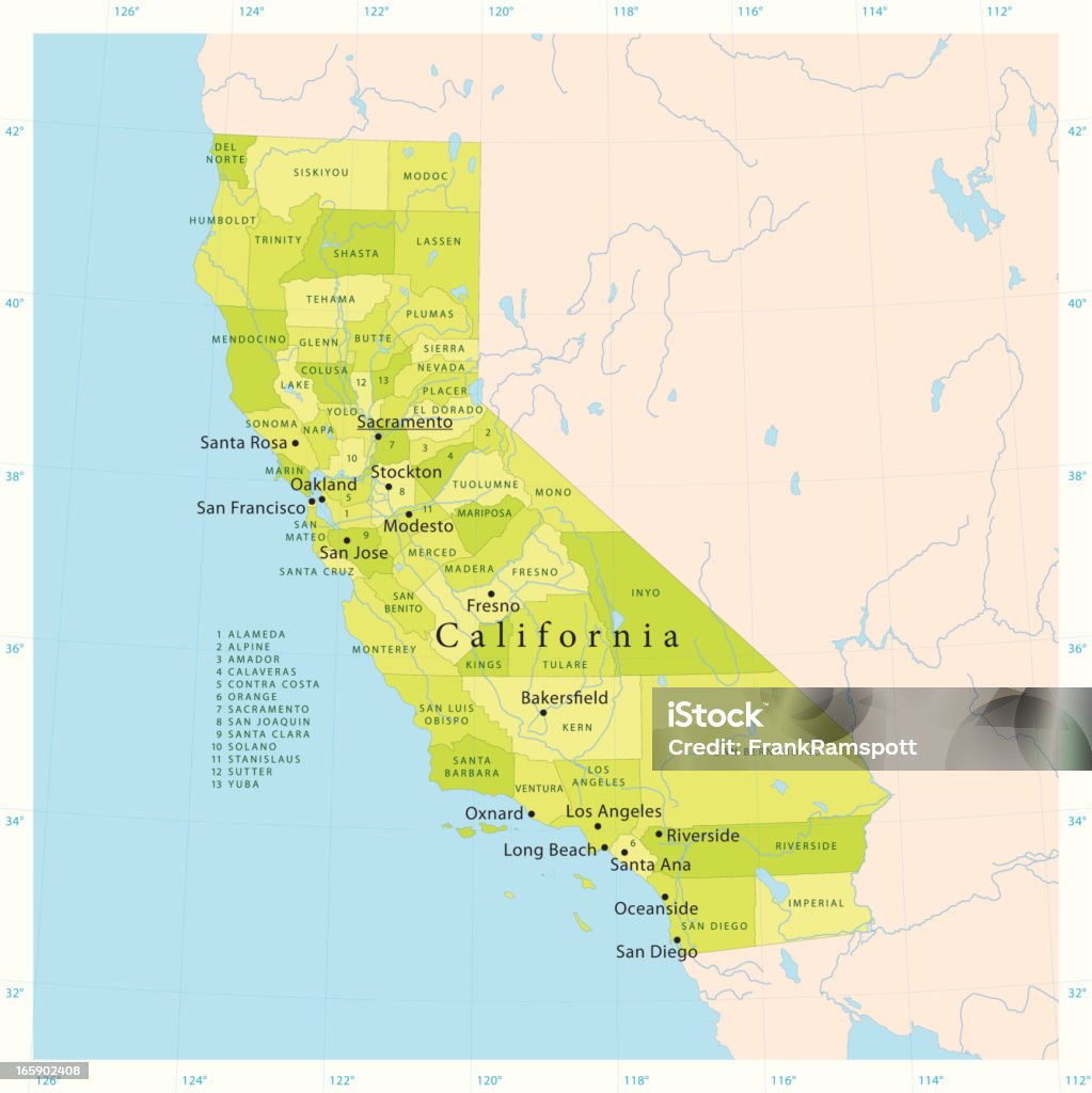 Mappa vettoriale della California - arte vettoriale royalty-free di Carta geografica