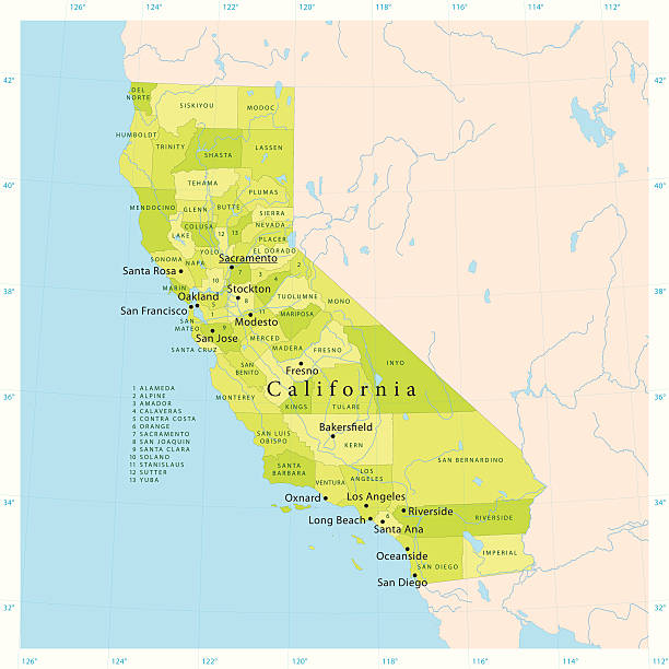 illustrazioni stock, clip art, cartoni animati e icone di tendenza di mappa vettoriale della california - stanislaus county