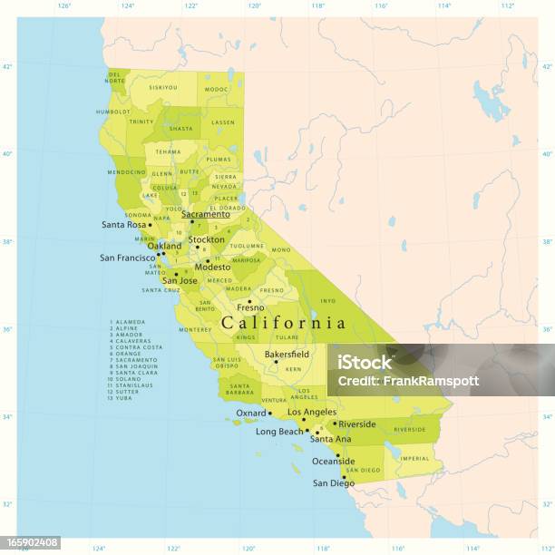 Califórnia Vetor Mapa - Arte vetorial de stock e mais imagens de Mapa - Mapa, Califórnia, Vetor