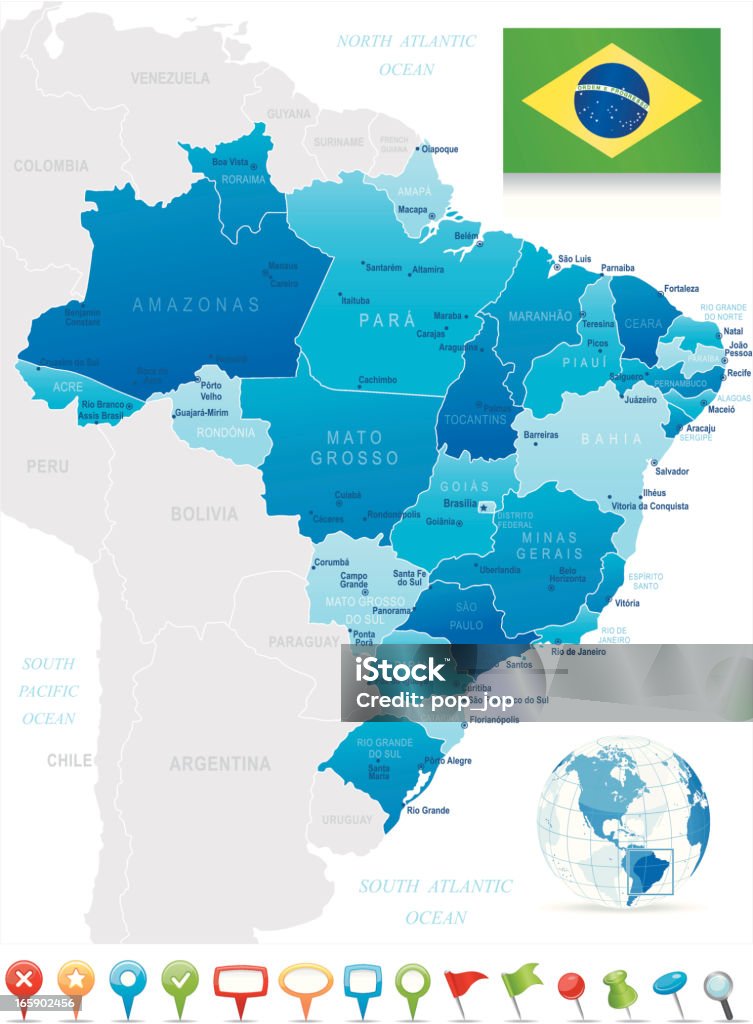 Mapa do Brasil-Membros, cidades, bandeira e ícones de navegação - Vetor de Brasil royalty-free