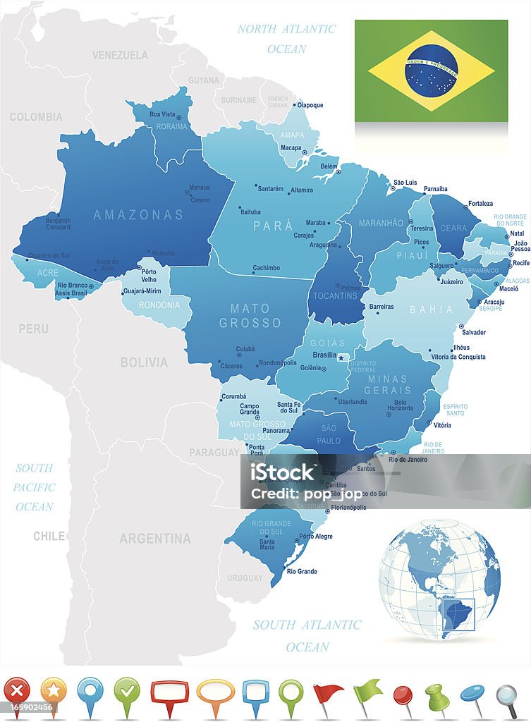 Карта Бразилии-штатах, городах, Флаг и навигации иконки - Векторная графика Бразилия роялти-фри