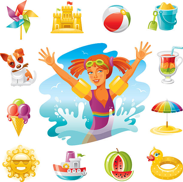 Child beach icons Icon set with colorful icons with child beach rest. EPS-8, AI-CS5, CDR-11, JPG dog splashing stock illustrations