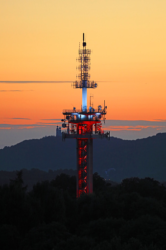 TV Tower in Krzemionki, Krakow. In the distance, on the hills, you can see the Camaldolese Monastery in Krakow's Bielany.