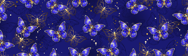 Seamless pattern of sapphire, luxury, jewelry butterflies on dark blue, textured background. Sapphire Butterfly.