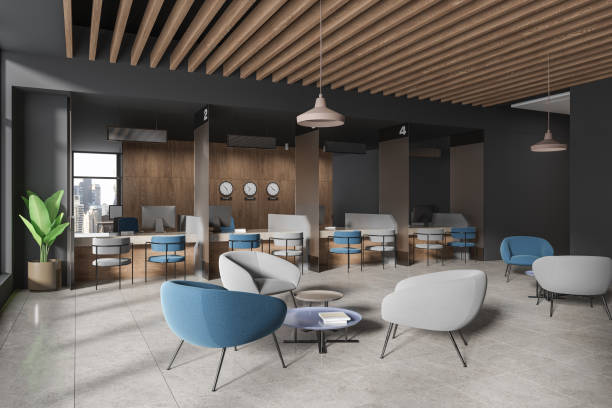 istock Modern business interior with chill and consulting zone, panoramic window 1659024775