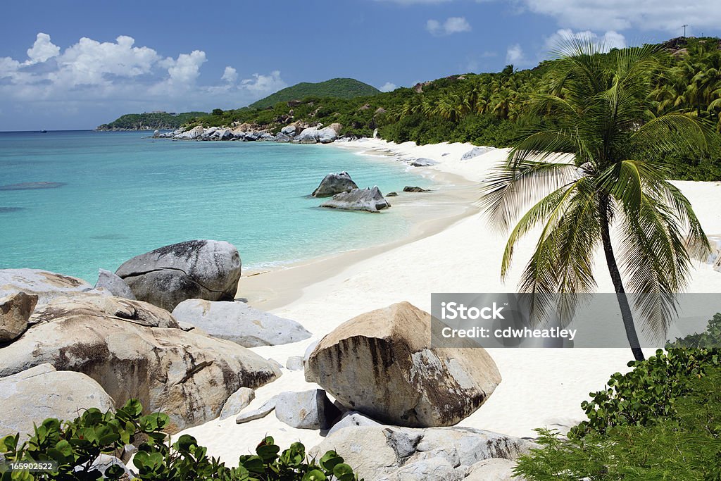 beach with boulders and palm trees in Virgin Gorda, BVI white sand beach and boulders and palm tree in Virgin Gorda, British Virgin Islands British Virgin Islands Stock Photo