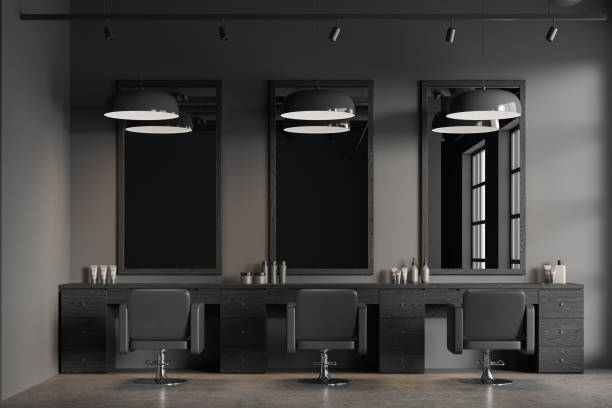 istock Gray barber shop interior with barber chairs and mirrors 1659025842