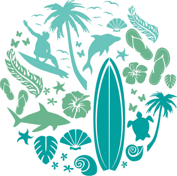 Surf and Beach Composition Composition with surf and beach elements in silhouettes, water colour palette. surf boards stock illustrations