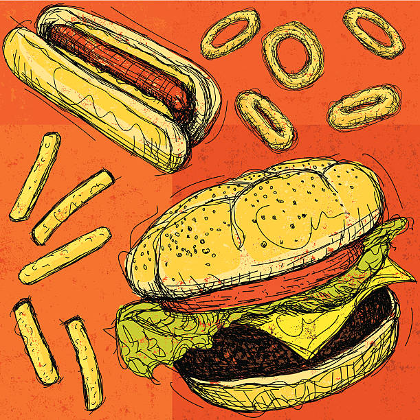 гамбургер и hotdog - hot dog hamburger burger grilled stock illustrations