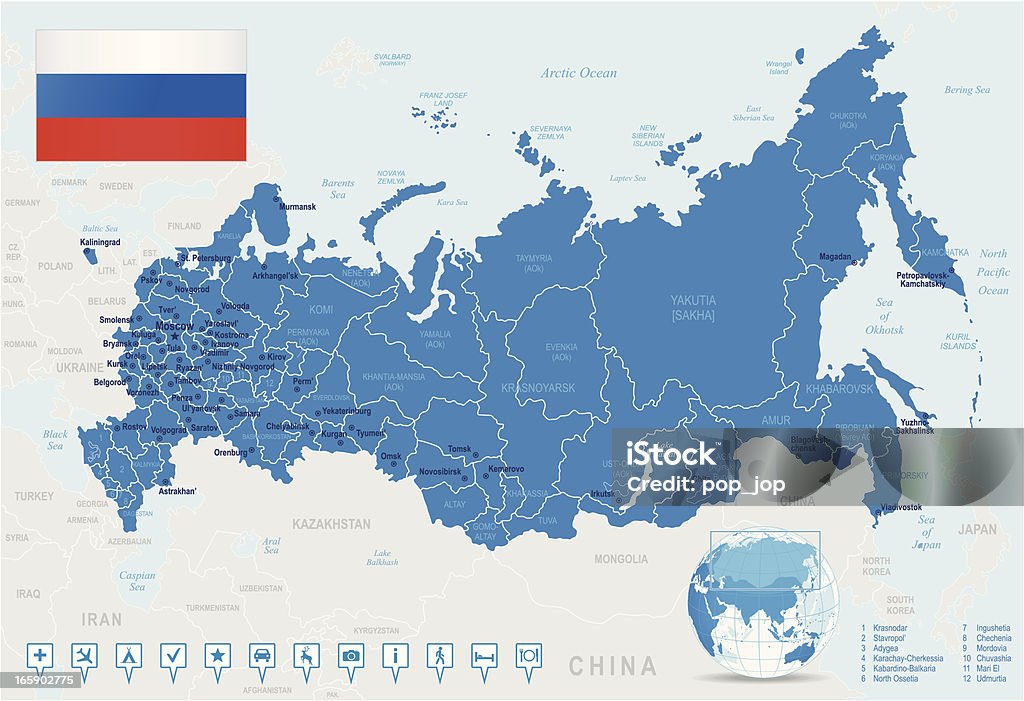 Mapa de Estados Unidos, Rusia-ciudades, bandera, iconos de navegación - arte vectorial de Mapa libre de derechos