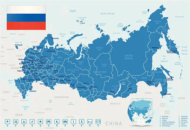 Vector illustration of Map of Russia - states, cities, flag, navigation icons