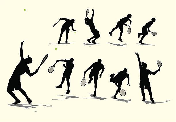 ilustraciones, imágenes clip art, dibujos animados e iconos de stock de tenis servir-macho - silhouette tennis competitive sport traditional sport