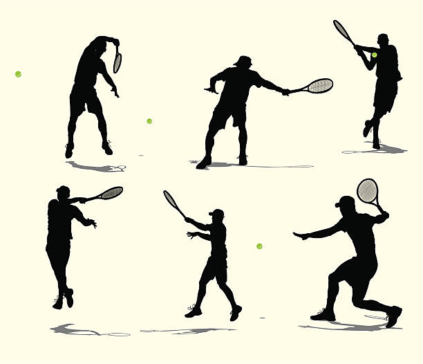 ilustraciones, imágenes clip art, dibujos animados e iconos de stock de jugador de tenis, voleibol o rally-macho - silhouette tennis competitive sport traditional sport