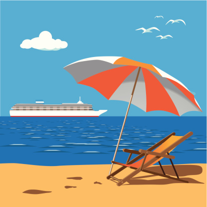 a day at the beach watching a  cruise liner passing by. Vector grafik, easy to move the elements.