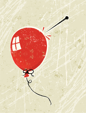 Deflation! A stylized vector cartoon of a Balloon and a pin, the style is  reminiscent of an old screen print poster, suggesting deflation, negativity, fragility, aggression or bursting the bubble. Balloon, pin, paper texture and background are on different layers for easy editing. Please note: clipping paths have been used,  an eps version is included without the path.