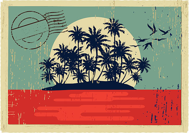 ilustrações, clipart, desenhos animados e ícones de hawaiian o cartaz - retro revival postcard beach dirty