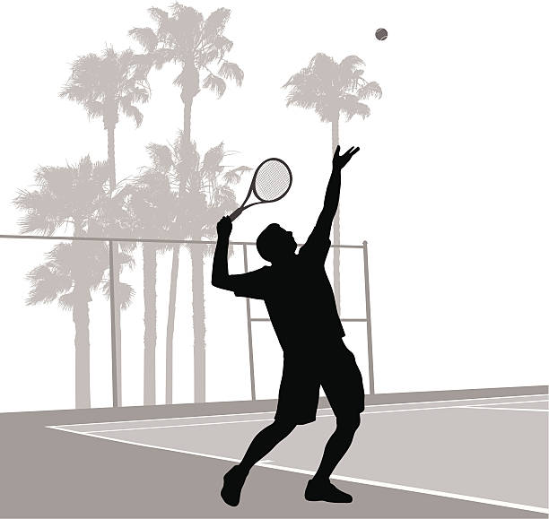 tennisserve - tennis serving silhouette racket stock illustrations