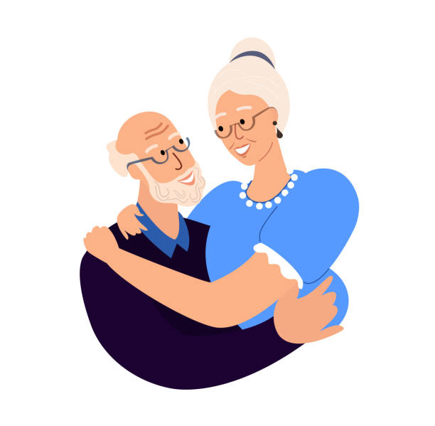 улыбаются пенсионеры, старшая супружеская пара. счастливый пожилой пенсионер обнимает свою женщину. счастливые отношения. старый старший � - senior couple isolated white background standing stock illustrations