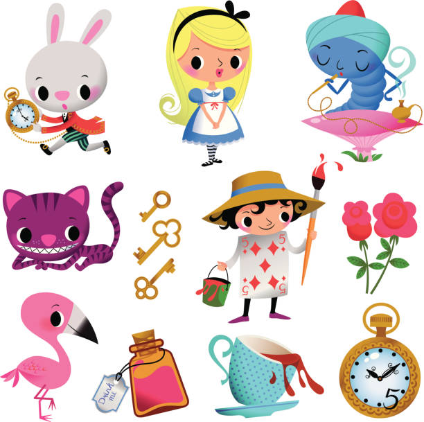 ilustraciones, imágenes clip art, dibujos animados e iconos de stock de alice in wonderland. parte i. - cheesy grin illustrations