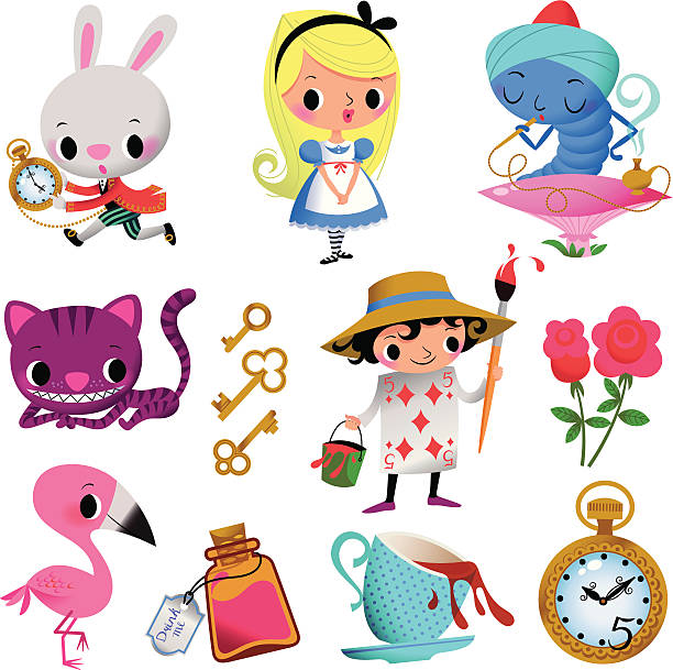 Alice in Wonderland. Part I. Set of Symbols and Characters "Alice in Wonderland". RGB, AI EPS 10. Use transparency and FEATHER Effect. clock clipart stock illustrations